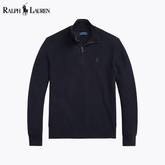 Suéter de algodón de punto de malla con cuello alto y cremallera para hombre